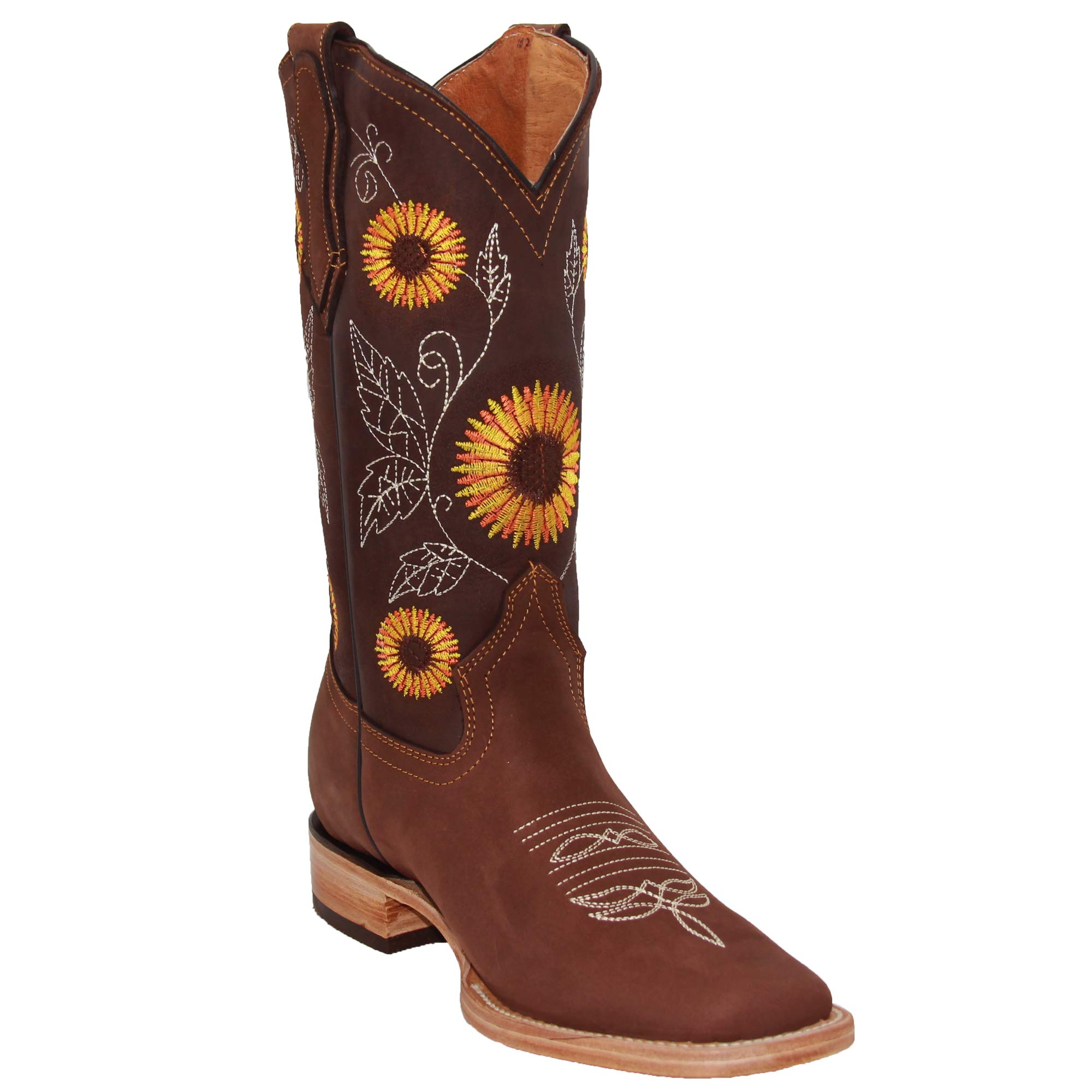 Women's Western Cowboy Boots Square Toe Leather Embroidered Sunflower Design - Perfect for Country Dancing, Rodeos & Fashion Outfits