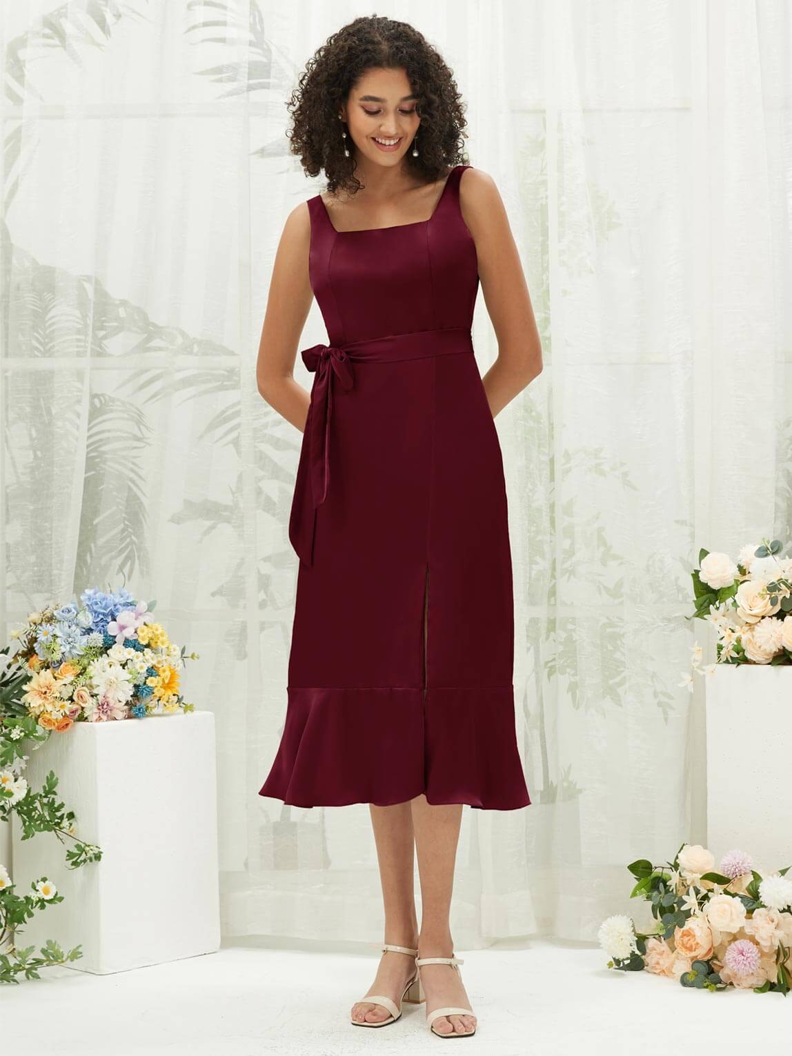 Elegant Burgundy Silk Satin Square Neck Bridesmaid Dress with Slit & Convertible Design - Perfect for Weddings, Parties, and Formal Events
