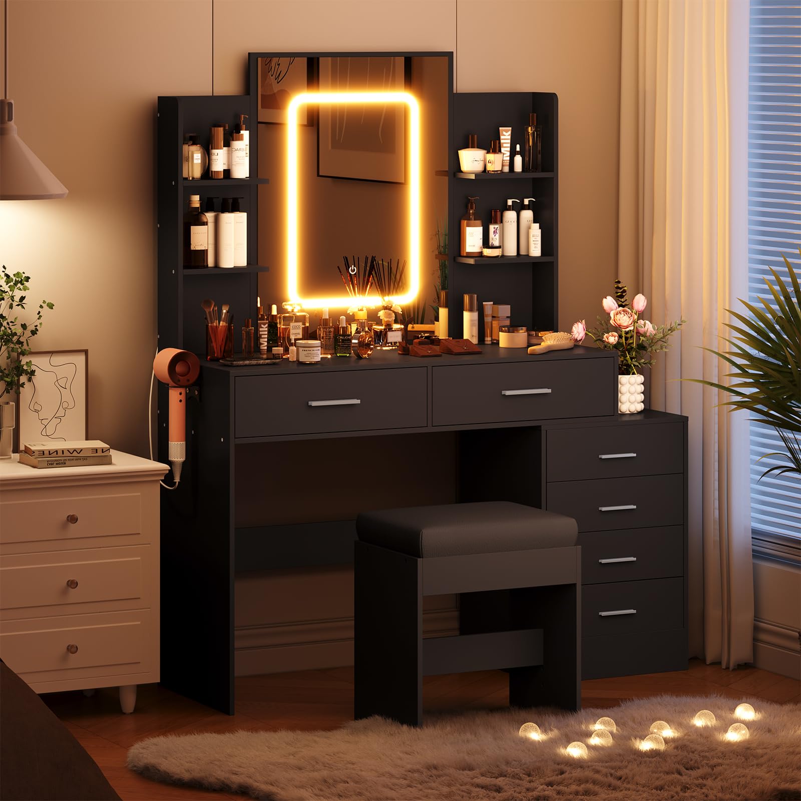 Black Vanity Desk with Mirror & LED Lights - Makeup Vanity Set with 6 Drawers, Shelves & Charging Station - Includes Stool - Perfect for Bedroom, Dressing Room & Beauty Salon