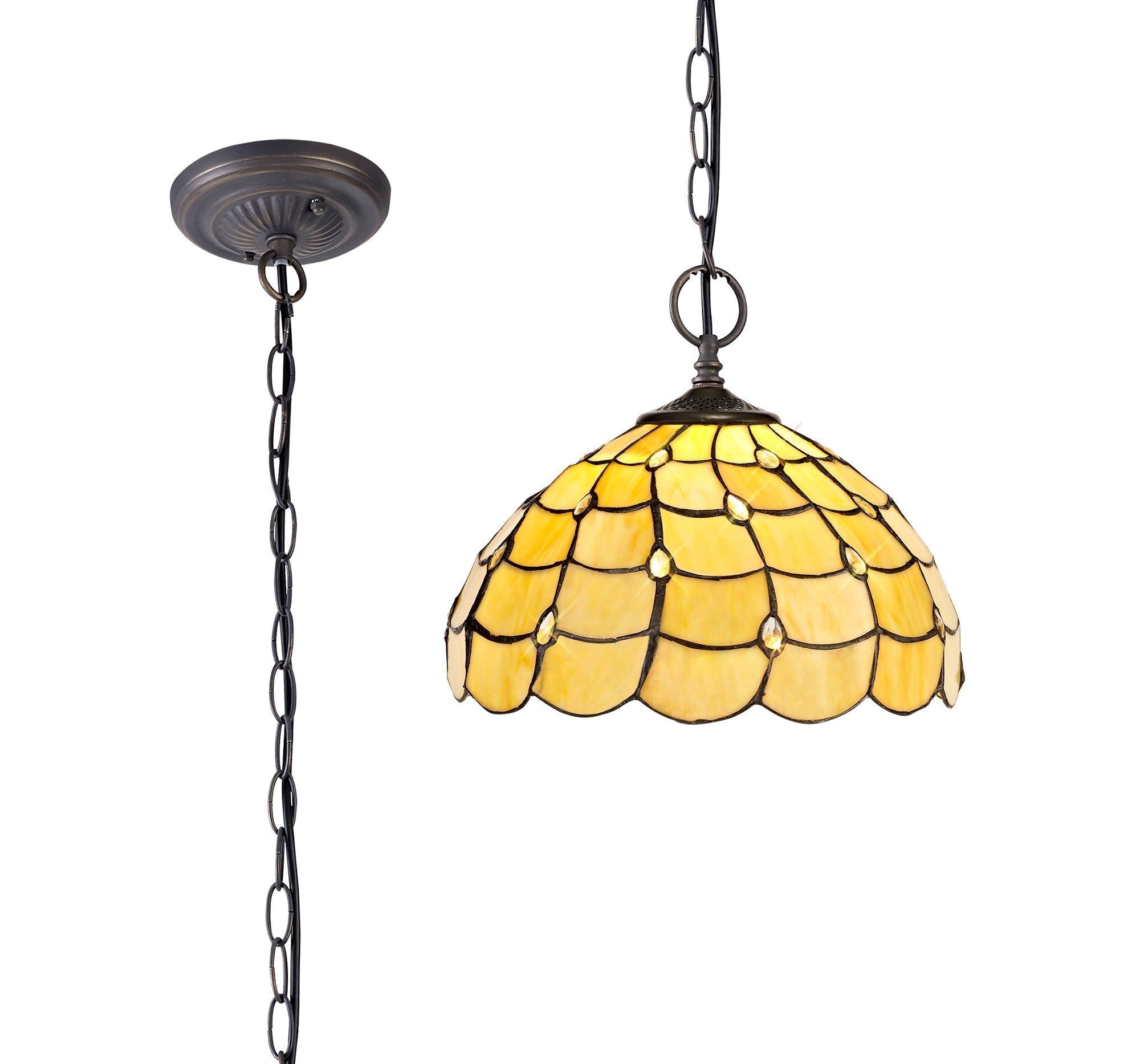 Aero 2 Light Downlighter Pendant with 30cm Tiffany Shade - E27 Socket in Beige/Clear Crystal/Aged Antique Brass Finish | Perfect for Dining Room, Bedroom & Kitchen Lighting