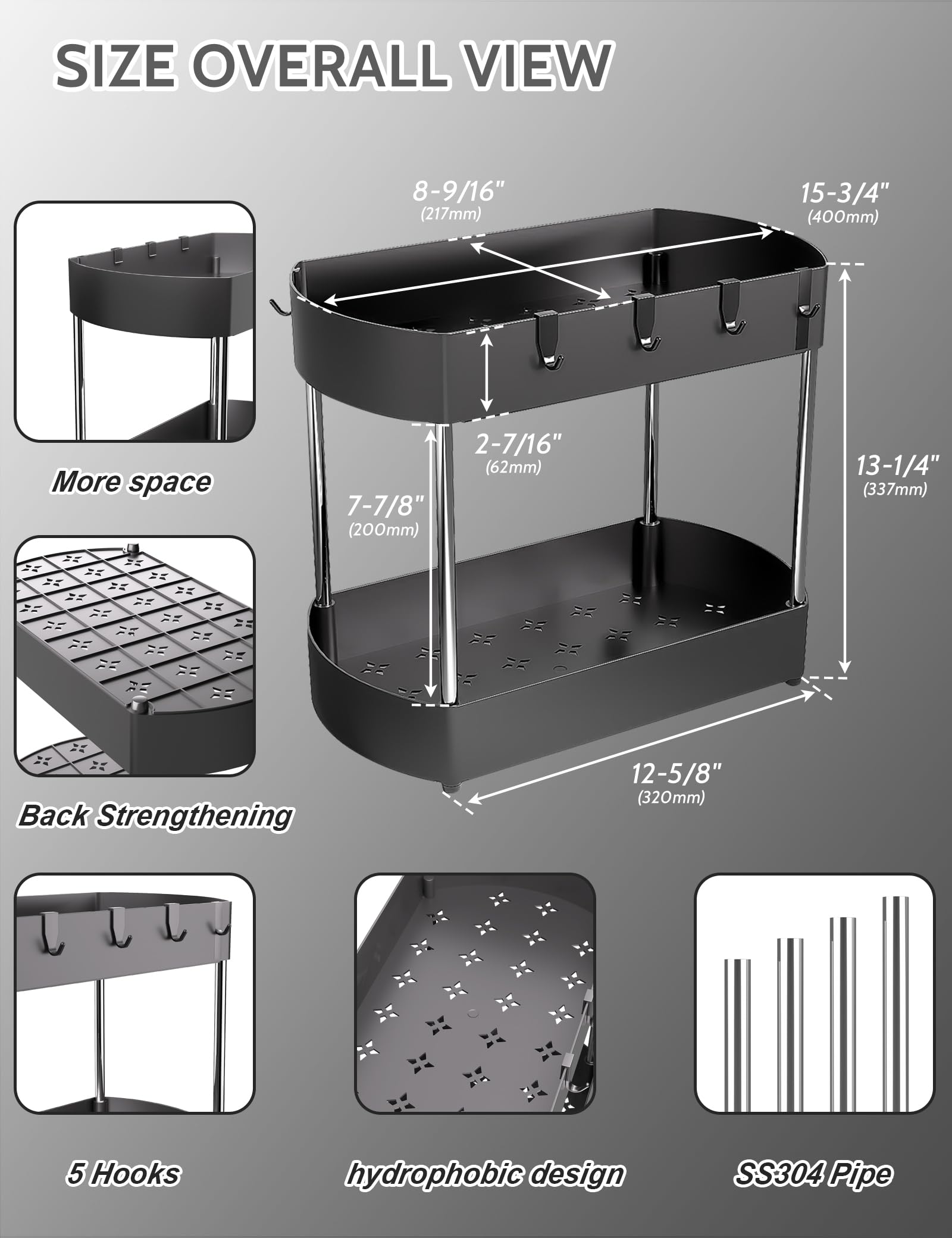 2 Pack Under Sink Organizers - Heavy Duty Kitchen & Bathroom Cabinet Storage Shelf with Enhanced Anti-Corrosion Design, Space Saving Black Organizer for Cleaning Supplies, Pots & Pans (Perfect for Small Spaces Under Sink)
