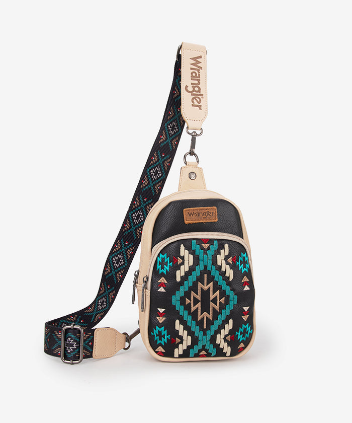 Wrangler Aztec Embroidered Whipstitch Sling Bag - Stylish Crossbody Purse for Women, Men | Perfect for Travel, Hiking & Everyday Use