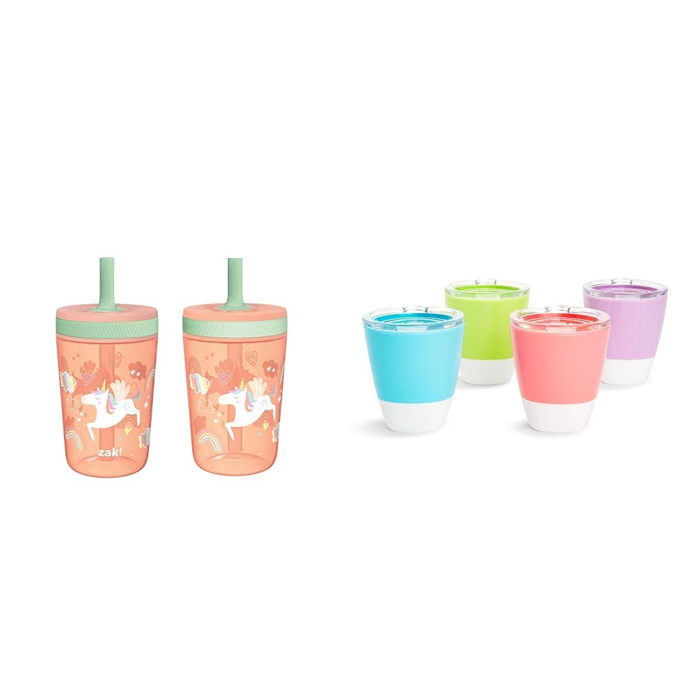 Zak Designs Kelso 15 oz Tumbler Set with Unicorn Design - BPA-Free, Leak-Proof Screw-On Lid & Straw | Munchkin Splash Toddler Cups 7 Oz 4-Pack with Training Lids | Perfect for Kids' Drinks, School Lunch, Picnics & Travel