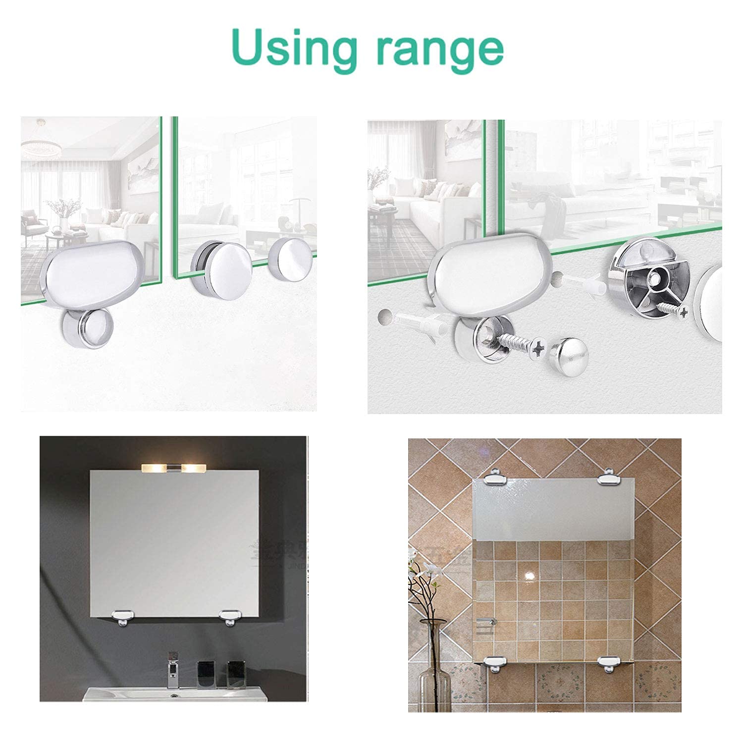 Aopin Round Mirror Glass Clip Clamp - Zinc Alloy Bracket Holder for 6-7mm (0.23-0.27 inch) Thick Round/Square/Polygon Glass - Perfect for Bathroom, Bedroom & Dressing Room Mirrors (4Pcs Set) - Ideal for Home Decor and Vanity Setup