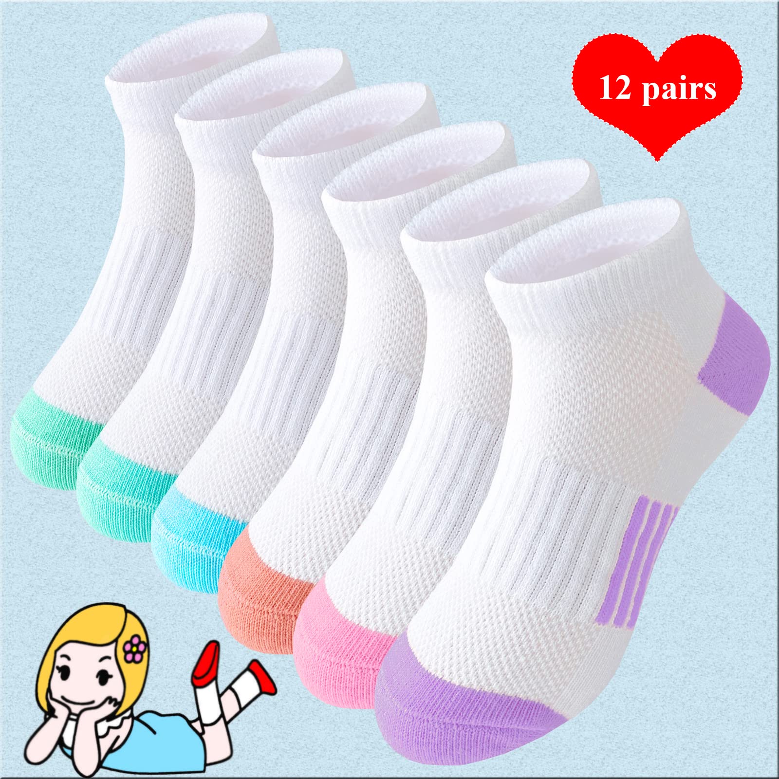 Bemeol 12 Pairs Girls Ankle Athletic Socks - Cotton Sports Socks for Kids & Teens - Perfect for School, Running, Soccer & Daily Wear