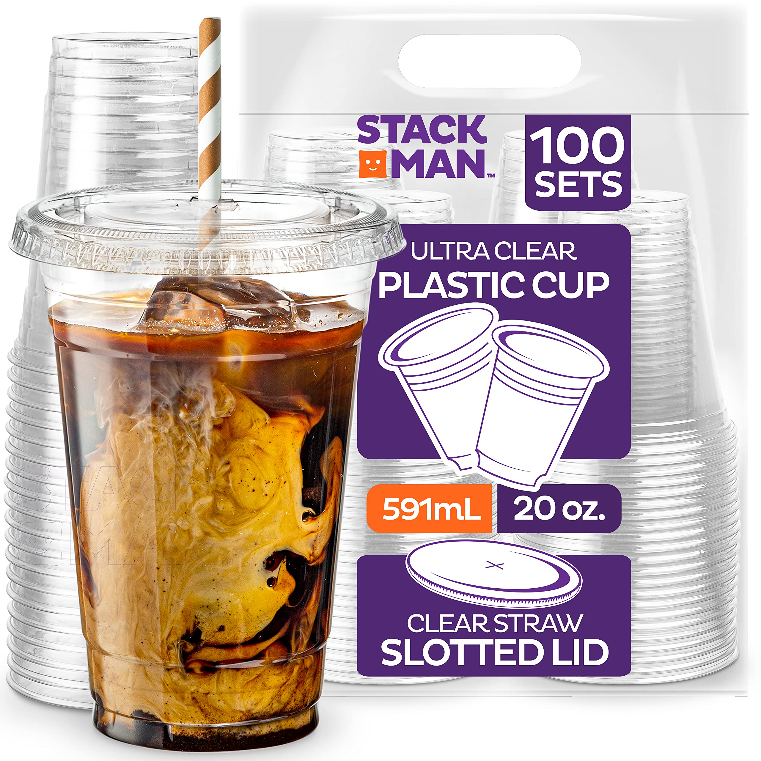 100-Pack 20oz Clear Plastic Cups with Lids & Straw Slot - Crystal Clear PET Disposable Drink Cups for Parties, Picnics, BBQs, and Outdoor Events