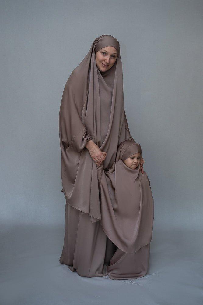 Light Khaki Mommy and Me Prayer Khimar - Magaan Kids Prayer Gown for Girls | Islamic Modest Dress for Prayer, Mosque & Special Occasions