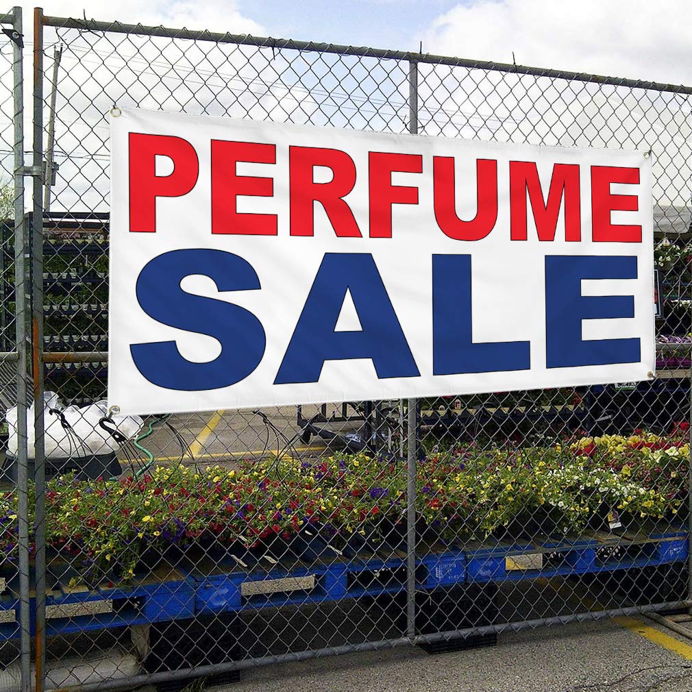 Custom Vinyl Banners for Outdoor Advertising - Red & Blue Perfume Sale Signs - Weatherproof & Durable - Multiple Sizes (60x144 Inches) with 10 Grommets - Perfect for Business Promotions, Yard Sales & Industrial Use