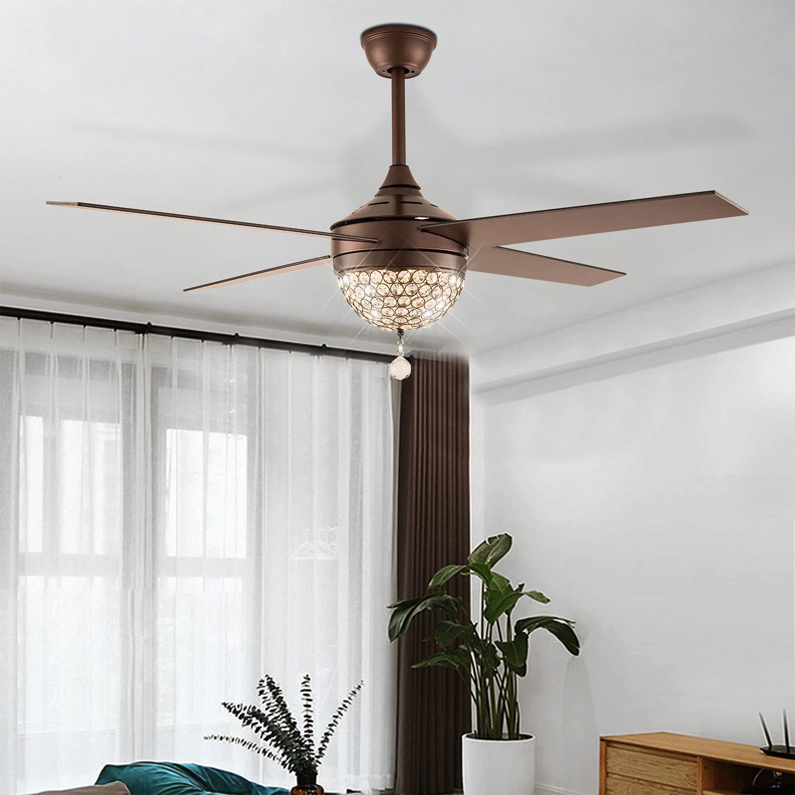 42 Inch Retro Ceiling Fan with Light Kit - Crystal Chandelier & 4 Wood Blades - Quiet Motor - Rustic Style - Perfect for Dining Room, Bedroom & Living Room Decoration