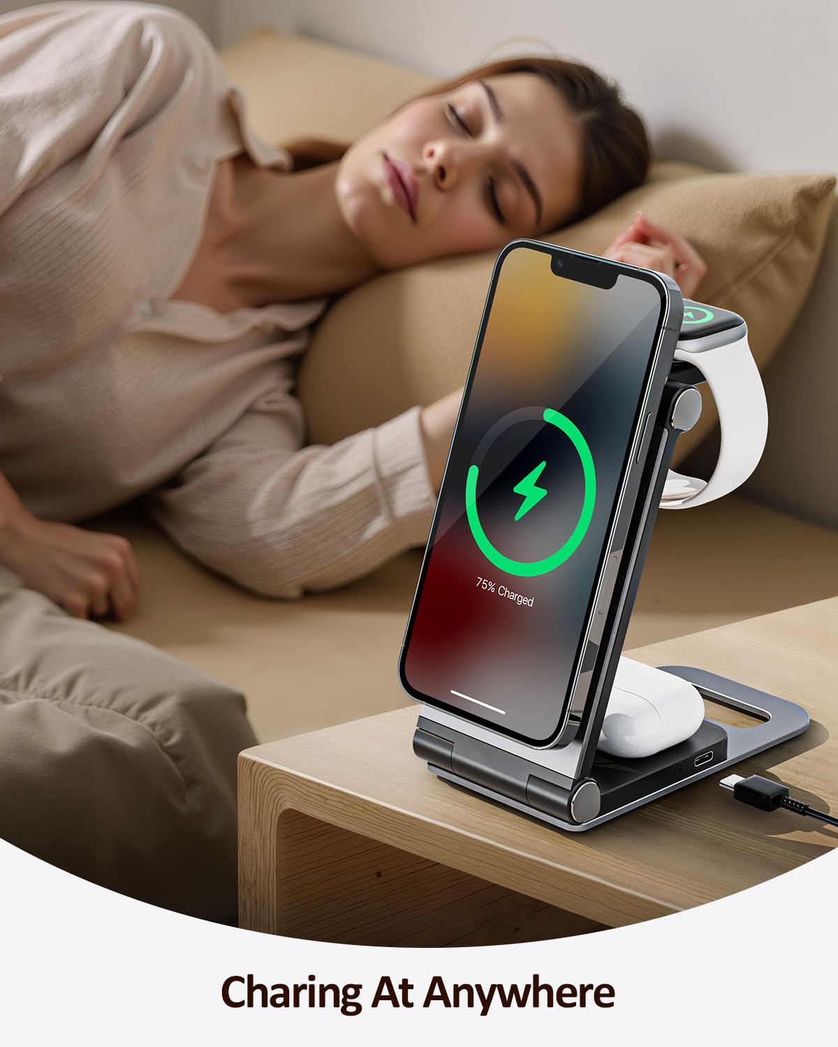 15W Fast Wireless Charger with Sleep-Friendly Adaptive Light - Compatible with iPhone 16/15/14/13/Pro/XS/8 Plus, Samsung Galaxy S23/S22/S21/Note 20, Google Pixel - Black | Perfect for Bedside, Office & Travel Charging
