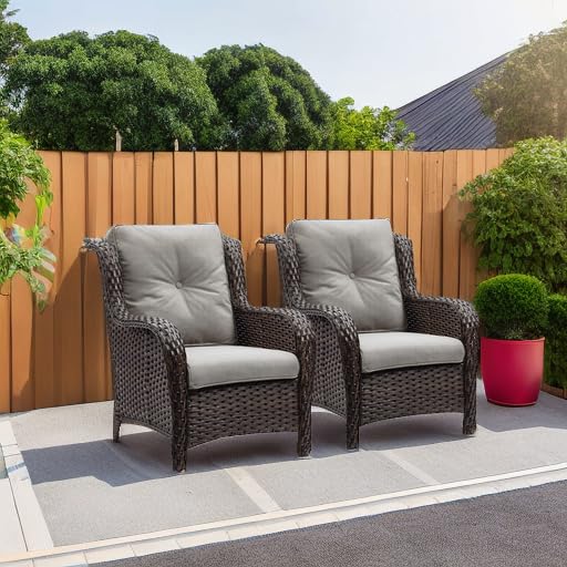 Outdoor Wicker Patio Chairs Set of 2 - Rattan Dining & Porch Chairs with High Back & Deep Seat, Brown/Grey - Perfect for Backyard, Garden & Poolside Relaxation