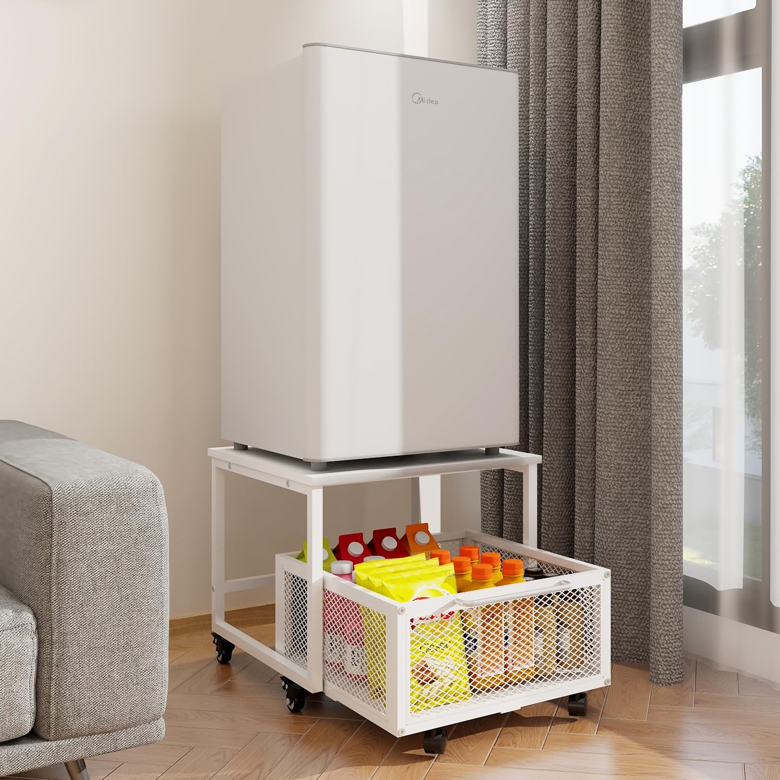 PUNCIA 19.7x19.7 Inch Rolling Fridge Stand with Storage Drawer - Mobile Beverage Cart for Compact Refrigerator, Mini Fridge Organizer - Perfect for Coffee Bars, Dorm Rooms, Home Office & Small Kitchen Spaces
