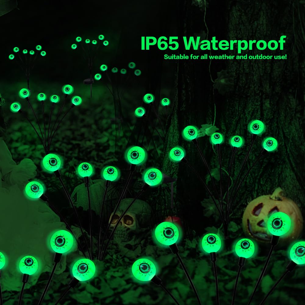 Outdoor Solar Halloween Decorations - 2 Pack 12 LED Green Scary Eyeball Lights, Waterproof Swaying Firefly Path Lights for Yard, Garden, Lawn & Party - Perfect for Spooky Halloween Night Decorations & Haunted House Themes