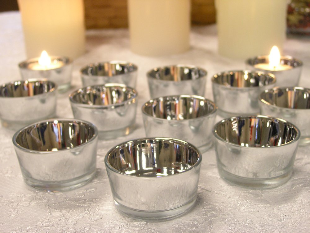 24-Pack Silver Glass Tea Light Candle Holders - Metallic Silver Wedding Centerpiece Decor - 25th Anniversary Party Supplies - Elegant Glass Candle Votives for Tablescapes, Romantic Dinners & Home Decor