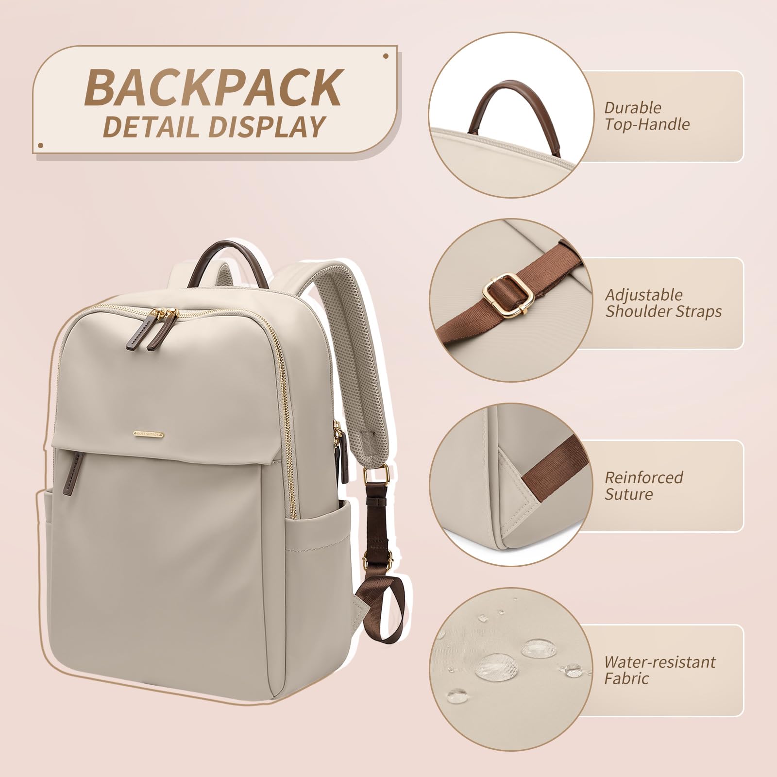 GOLF SUPAGS Women's Laptop Backpack with Separate 15.6 Inch Laptop Compartment - Waterproof Travel Backpack for Work, College, Business & Daily Use - Stylish Book Bag for Commuting & School Essentials