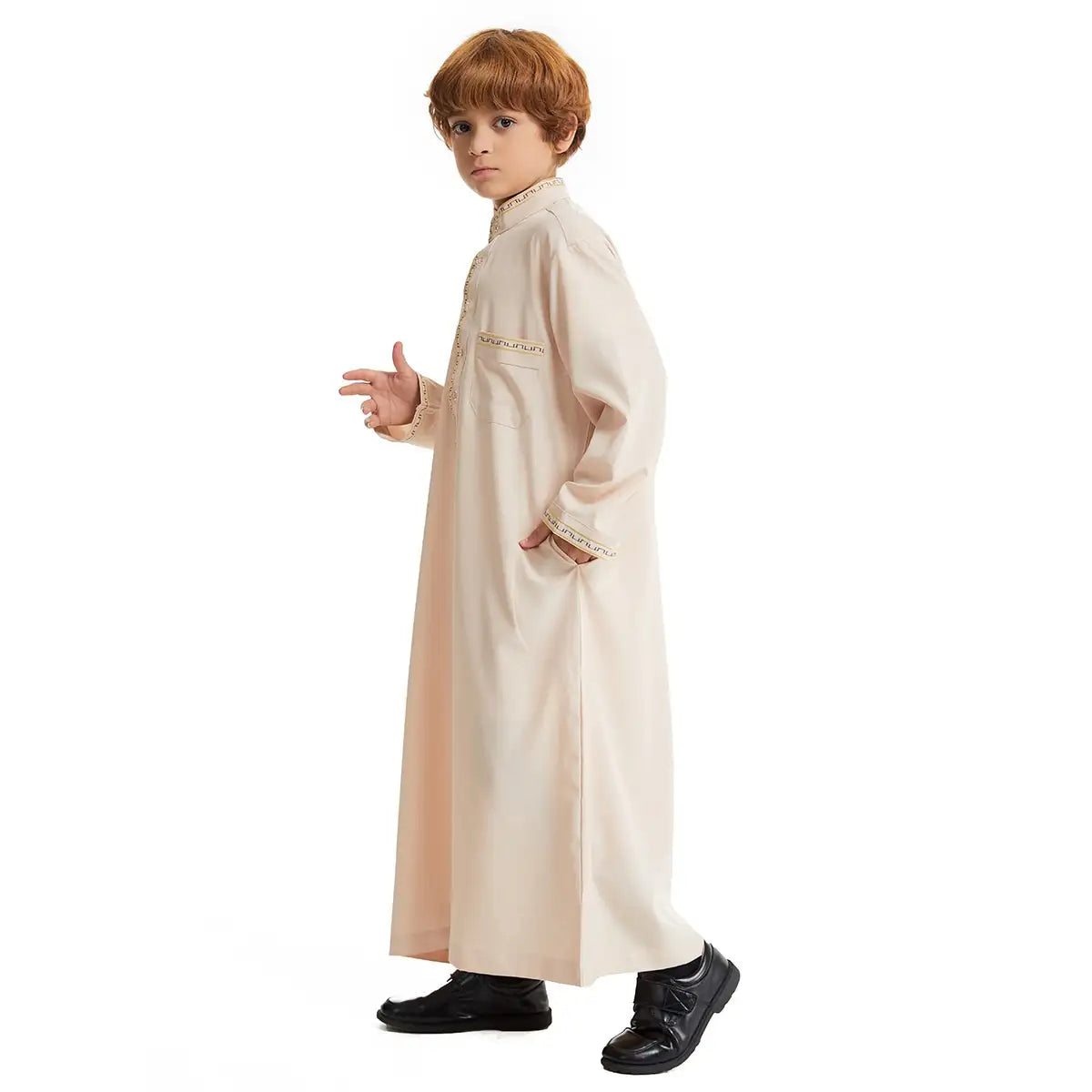 Stylish Middle Eastern Arab Boy Thobe Thawb with Pockets - Perfect for Eid, Weddings & Special Occasions