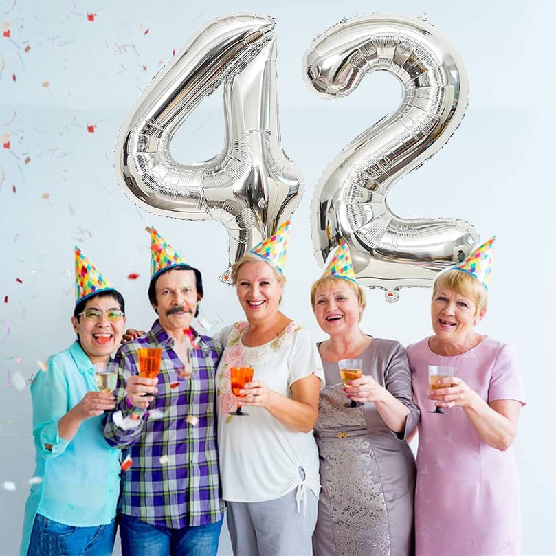 40 Inch Silver Number 42 Jumbo Foil Balloons for 42nd Birthday Party, Wedding Anniversary Decorations, Prom & Photo Props - Perfect for Milestone Celebrations, Gender Reveals & Special Event Decor