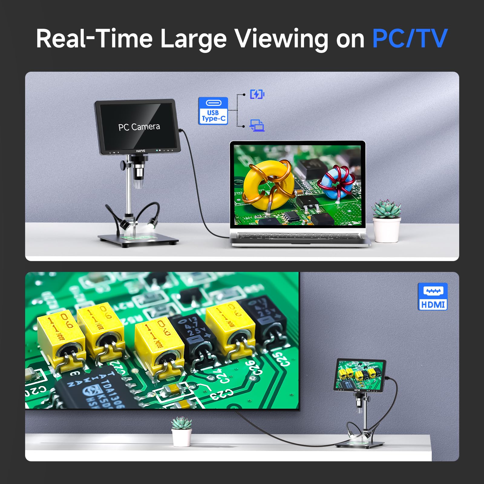 Hayve DM12 10.1 Inch HDMI Digital Microscope with 2000X Magnification - IPS Screen Coin Microscope, 20MP Soldering Microscope for Electronics Repair, Includes 10.4 Inch Adjustable Stand & 32GB Card - Compatible with PC/TV - Perfect for Coin Collecting, PCB Inspection, Jewelry Appraisal & Science Education