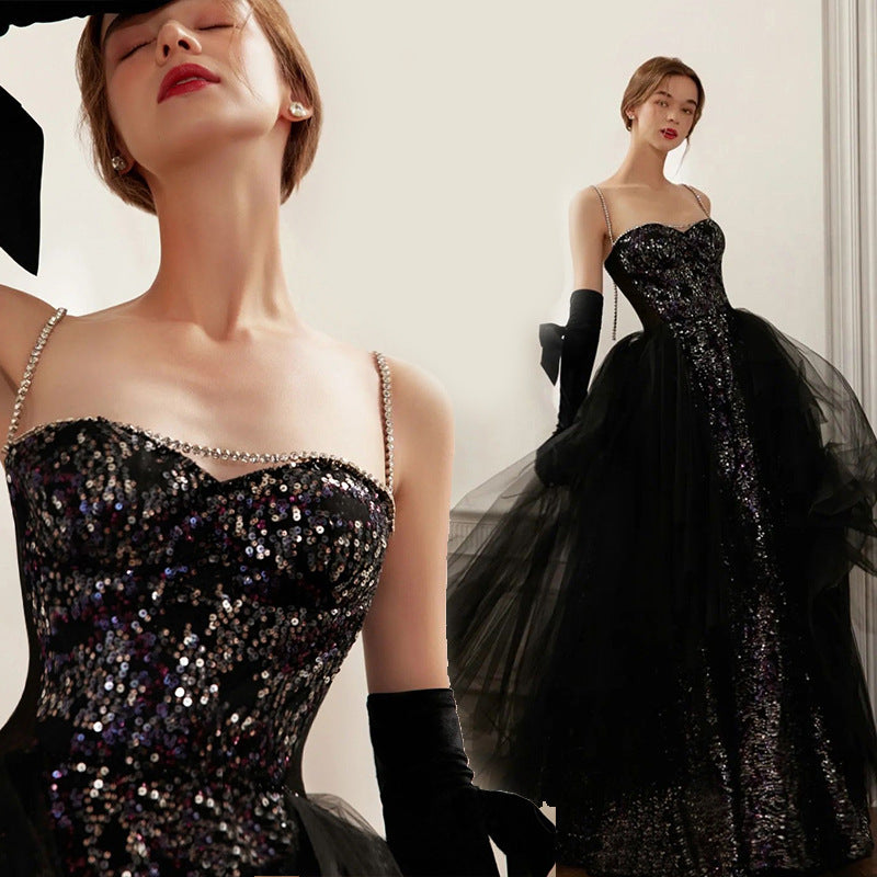 Elegant Black Sparkly Long Prom Dress with Spaghetti Straps & Sequins - Perfect for Evening Gala, Homecoming Dance, and Formal Events