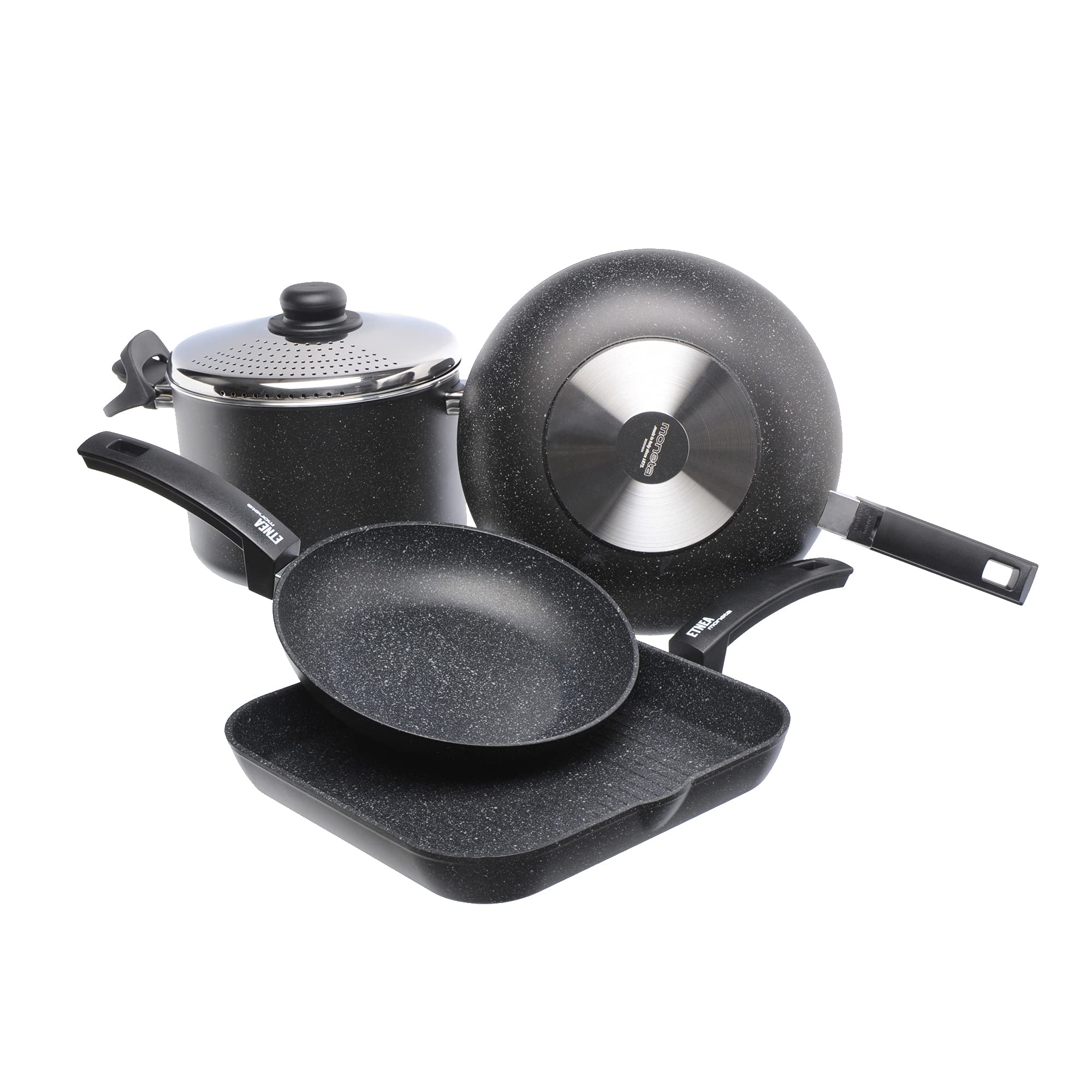Moneta Etnea 5-Piece Smart Cookware Set - 24cm Frying Pan, 28cm Wok, 28x28cm Grill Pan, 22cm Saucepan with Lid - Nonstick Kitchen Essentials for Home Cooking, Sautéing & Stir-Frying