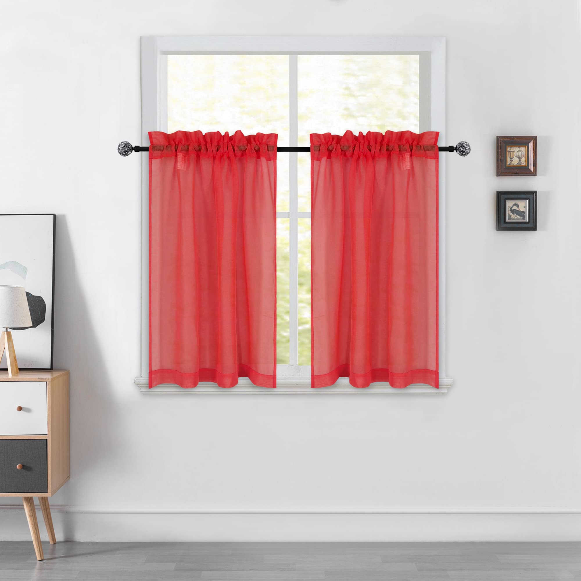 Red 36 Inch Sheer Kitchen Curtains - Tier Cafe Curtains with Rod Pocket, Linen-Look Semi-Sheer Drapes for Privacy - Perfect for Basement, Bathroom & Small Windows (34x36 Inch) - Ideal for Kitchen Decor, Breakfast Nook & Cozy Home Atmosphere