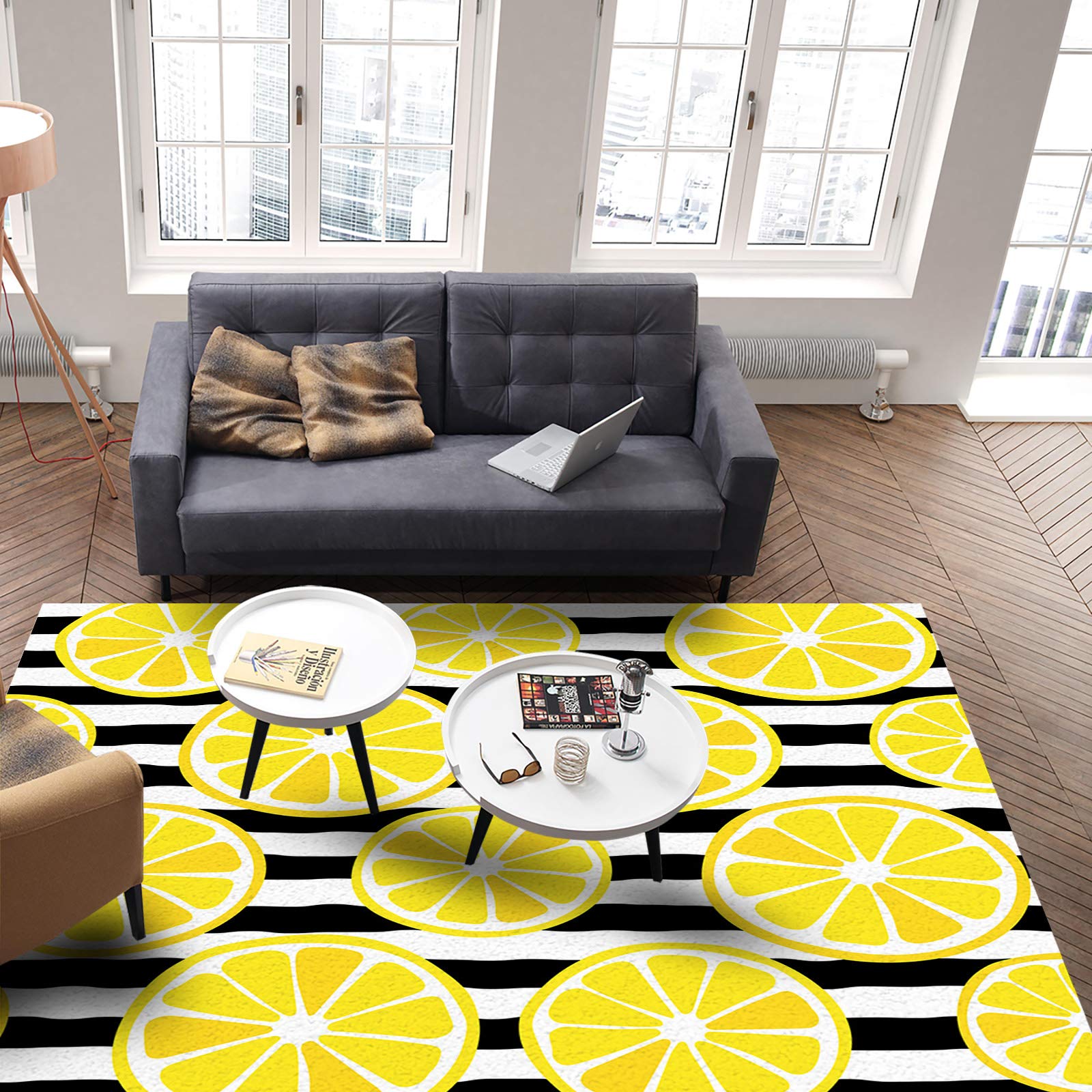 4x6ft Large Non-Slip Area Rug - Tropical Lemon Slices Summer Fruit Design for Living Room, Bedroom, Hallway - Indoor/Outdoor Decor Rug in Black & White Stripes | Perfect for Home, Nursery, and Patio Use