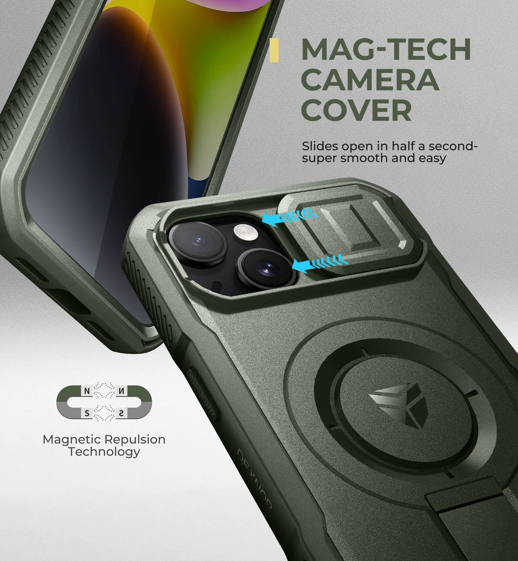 Dexnor Rugged iPhone 13/14 Case with Built-in Screen Protector, Slide Camera Cover & 360° MagSafe - Shockproof Protective Cover for Outdoor, Travel & Daily Use