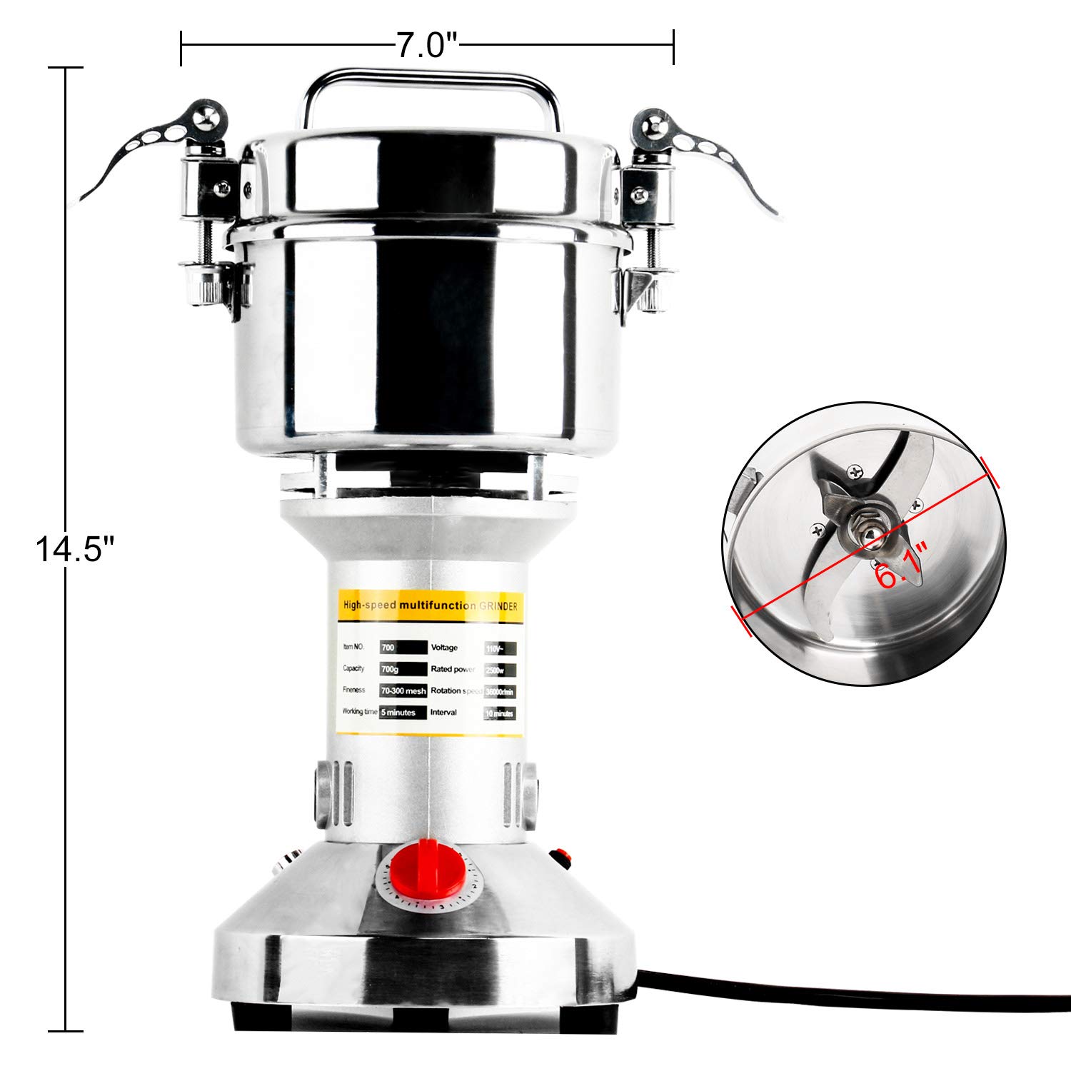 700g Commercial Electric Grain Mill Grinder - 2500W High-Speed Stainless Steel Powder Machine for Spices, Herbs, Pepper & Coffee - 70-300 Mesh, 36000 RPM - Perfect for Home Kitchens, Bakeries & Coffee Shops