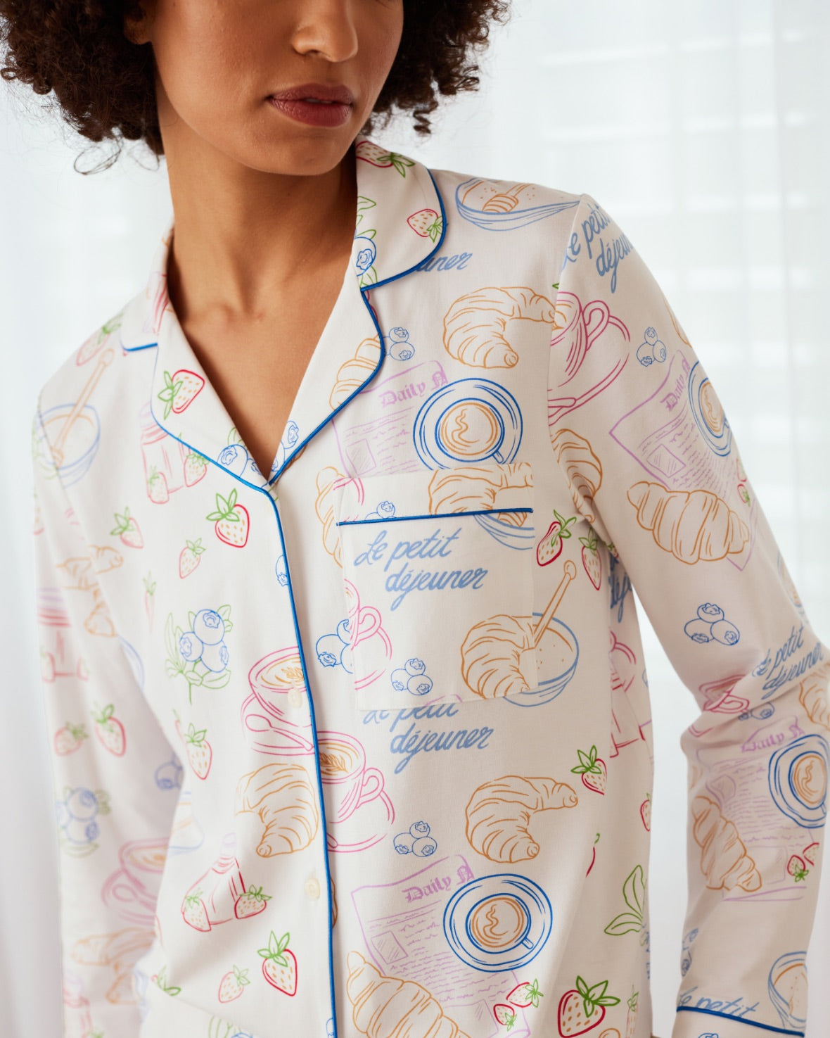 Organic Cotton Breakfast Print Long Sleeve Pajama Set for Women - Cozy & Comfortable Sleepwear for Nighttime Relaxation & Lounging