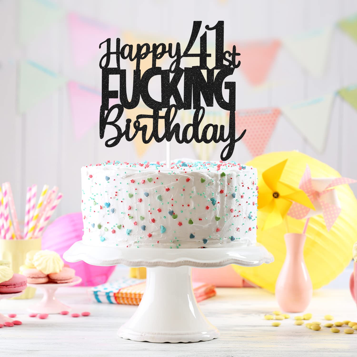 Funny Black Glitter 41st Birthday Cake Topper for Women & Men - Happy 41st Birthday Party Decoration - Perfect for Birthday Cakes, Cupcakes, and Celebration Decorations