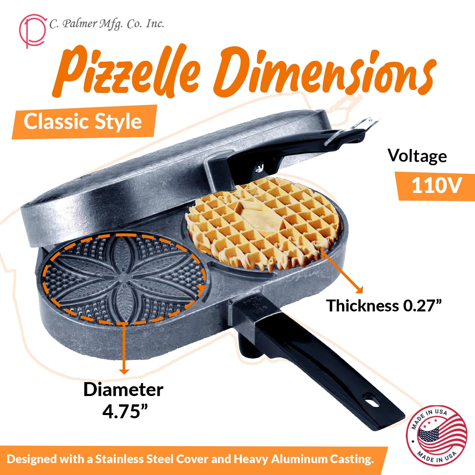 Authentic C. Palmer Pizzelle Iron Model 1000 - 800W Electric Pizzelle Maker (American Made) - Bakes Two 5-Inch Traditional Italian Waffle Cookies - Perfect for Holiday Baking, Housewarming Gifts & Italian Dessert Lovers