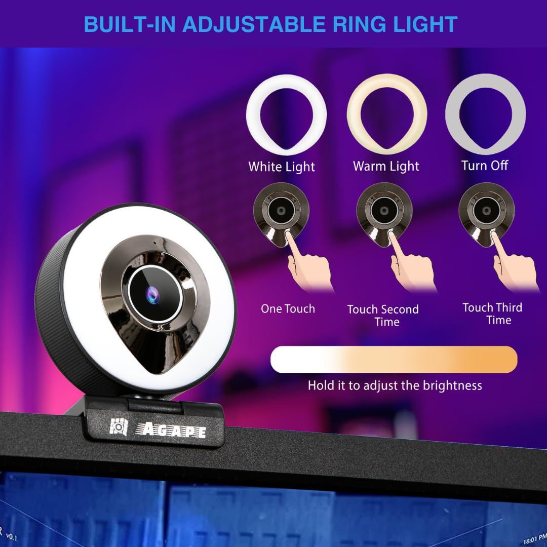Agape Full HD 1080P Webcam with Built-in Microphone & Auto Focus - Plug & Play USB Web Camera with Adjustable Ring Light & Tripod Stand for Zoom/Skype/Teams Meetings, Online Classes, Live Streaming & Gaming
