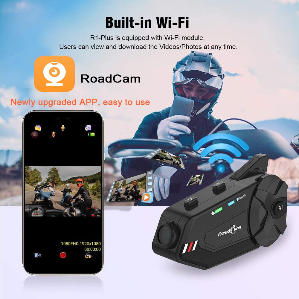 FreedConn R1plus Bluetooth Motorcycle Helmet Headset with Camera - 1000M Range, 6-Way Intercom, Waterproof, FM Radio - Wireless Communication System for Most Helmets - Perfect for Group Rides, Touring & Adventure Motorcycling