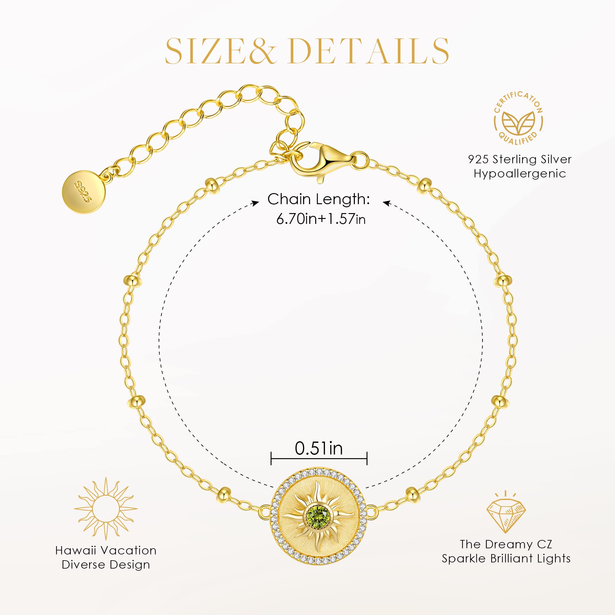 925 Sterling Silver Adjustable Sun Charm Bracelet for Women - 14K Gold Plated Link Bracelet | Birthday, Anniversary, Christmas Jewelry Gift for Her, Wife, Girlfriend, Daughter | Perfect for Beach Vacations, Summer Outfits & Boho Style Accessories