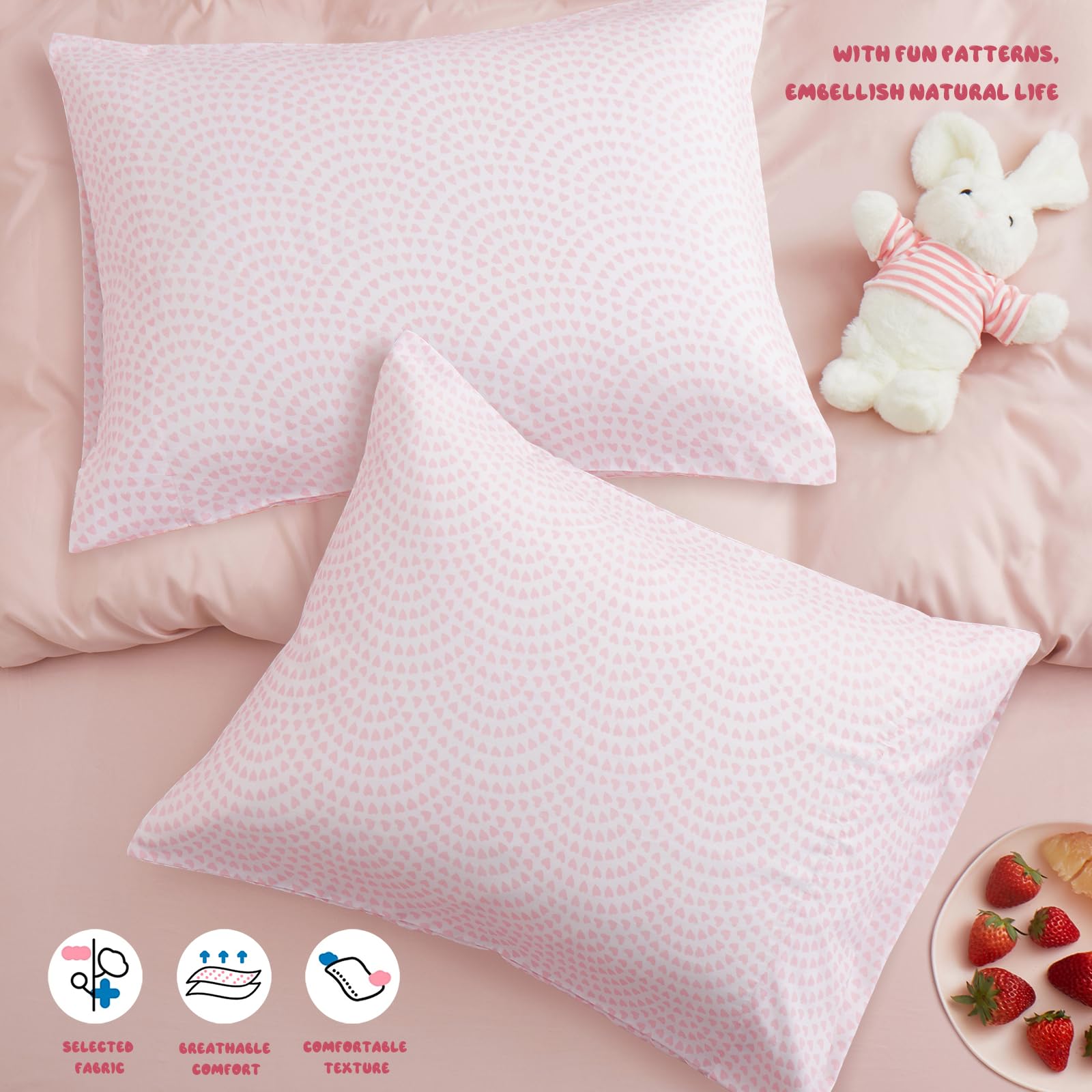 Vonty Pink Heart Printed Microfiber Kids Pillowcase Set (2 Pack) - Soft & Breathable Standard 20x26 Pillow Covers for Girls, Perfect for Bedroom Decor, Sleepovers, and Travel