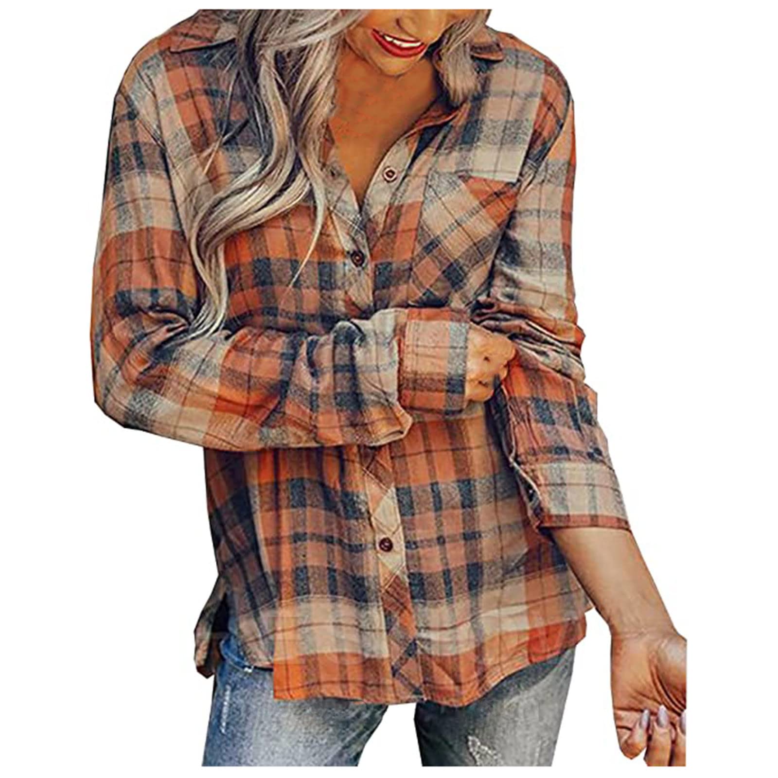Women's Plaid Button-Down Shirt - Trendy V-Neck Long Sleeve Casual Top for Summer & Fall | Perfect for Office Wear, Date Night & Everyday Outfits
