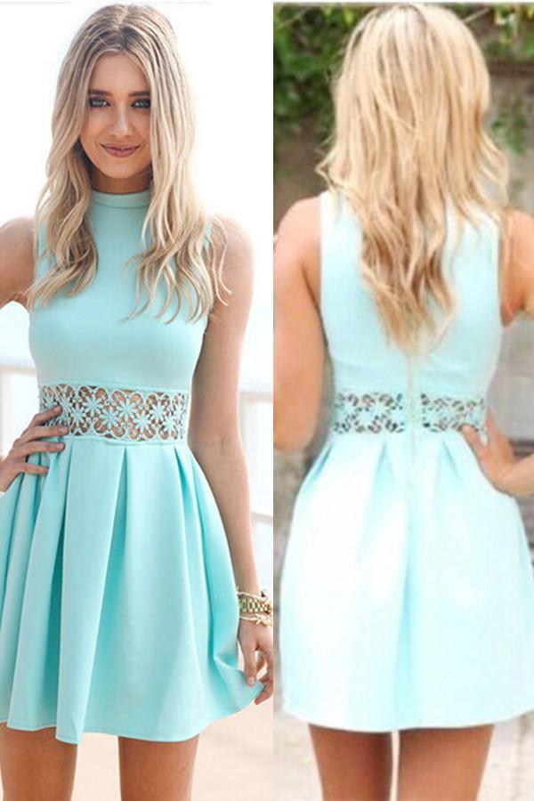Elegant A-Line High Neck Short Blue Spandex Homecoming Dress with Lace TR0127 - Perfect for Prom, Party, and Special Occasions
