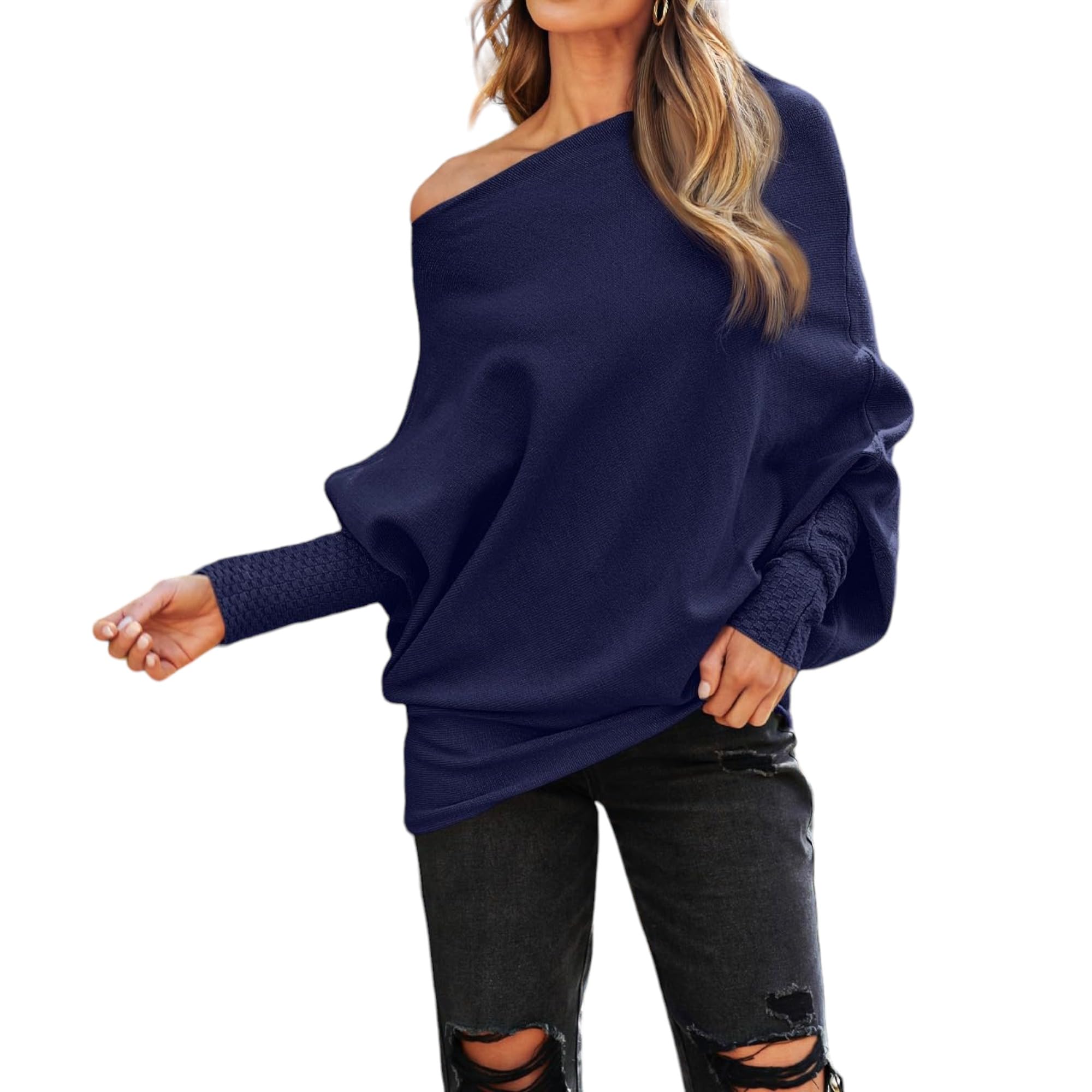 Women's Oversized Knit Pullover Sweater - Batwing Sleeve Off Shoulder Casual Top for Fall | Cozy Autumn Layering & Weekend Outfits