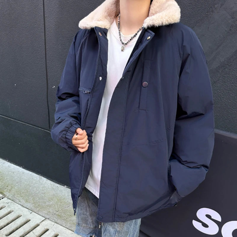 Men's American Style Padded Jacket - Lamb Wool Turn-Down Collar, Zipper Patchwork, Thickened Casual Coat for Winter (Tide 9C9279) | Perfect for Outdoor Activities, Daily Wear & Cold Weather Fashion