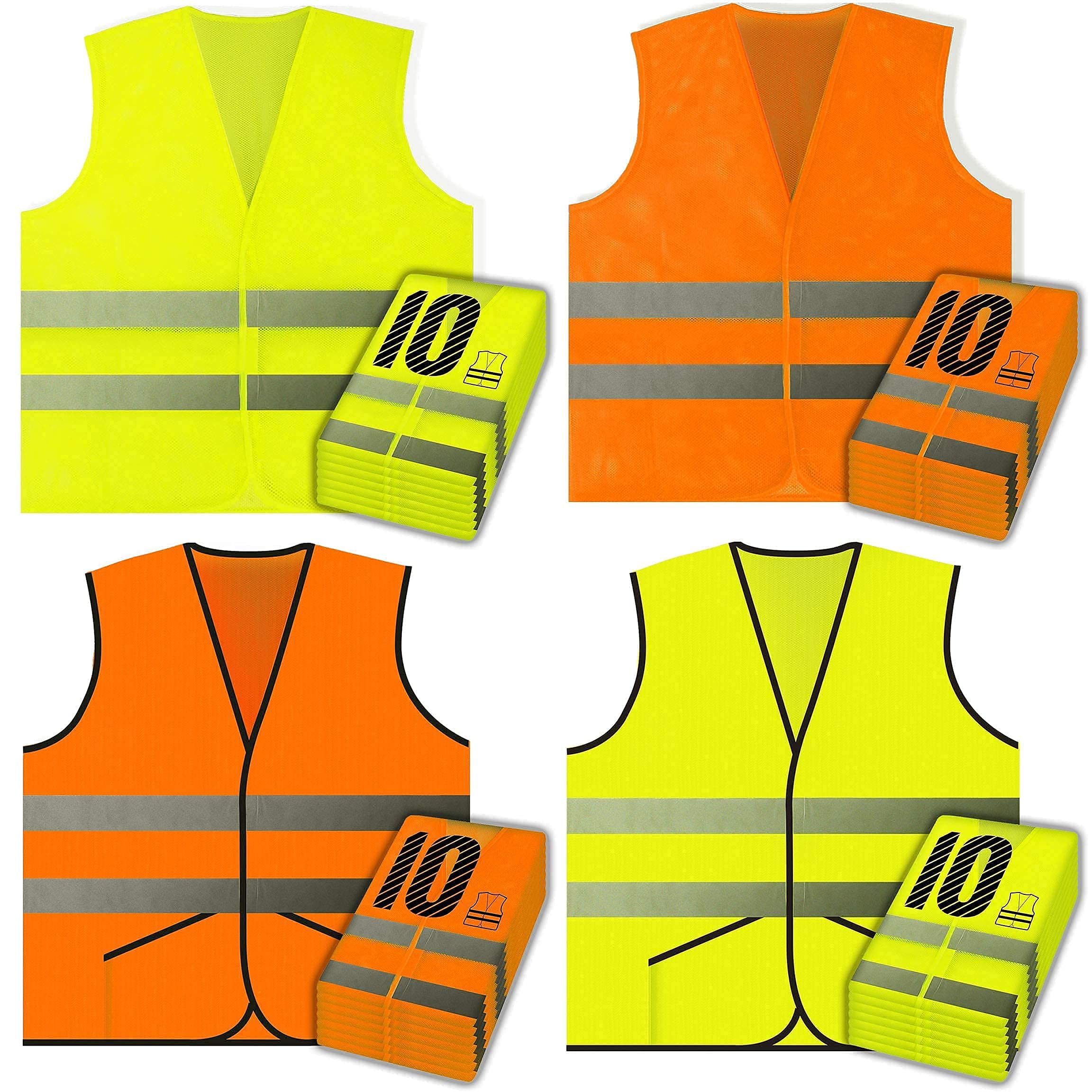 40-Piece Safety Vest Variety Pack - 10 Yellow Mesh, 10 Orange Mesh, 10 Yellow Pocket Knitted, 10 Orange Pocket Knitted Vests for Construction, Road Work & Emergency Crews
