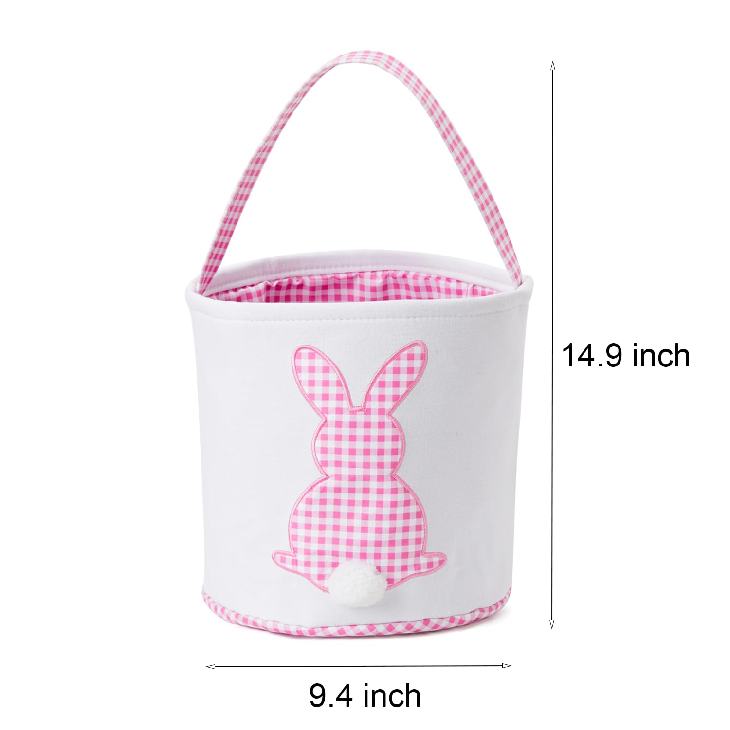Easter Basket with Handle - Bunny Print Canvas Plaid Easter Bucket for Egg Hunt, Easter Baskets Bags with Fluffy Tail (Pink Plaid + Green Plaid) - Perfect for Easter Egg Hunts, Spring Decor & Kids Gift Giving