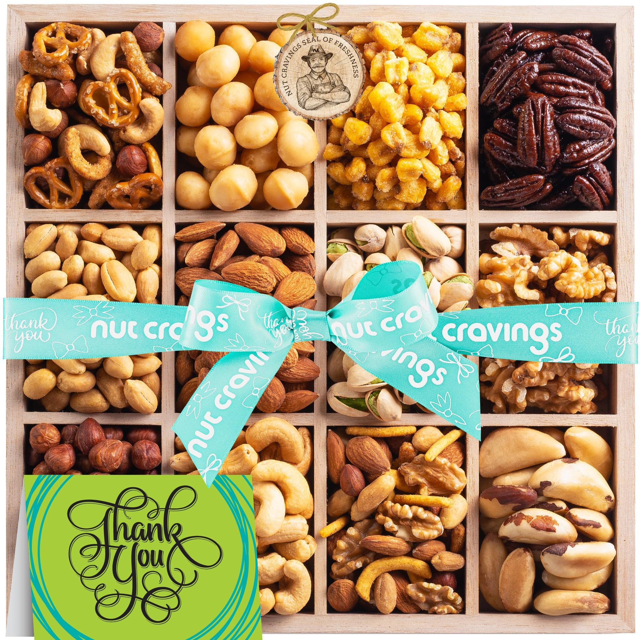 Premium Gourmet Nut Gift Basket - 12 Assortment Kosher Nuts with TY Ribbon & Greeting Card in Reusable Wooden Tray | Thank You Food Platter, Corporate Gifts, Holiday Present, Care Package for Friends & Family