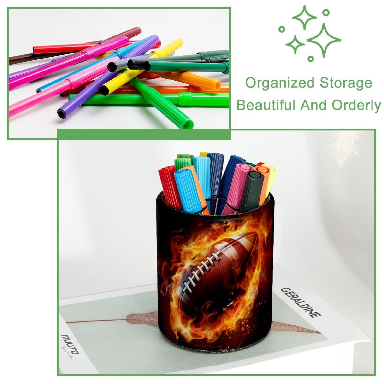 Premium Pen Holder for Desk - Stylish Pen Organizer with American Football & Fire Design - Perfect Desk Accessories for Office, Home & School Use