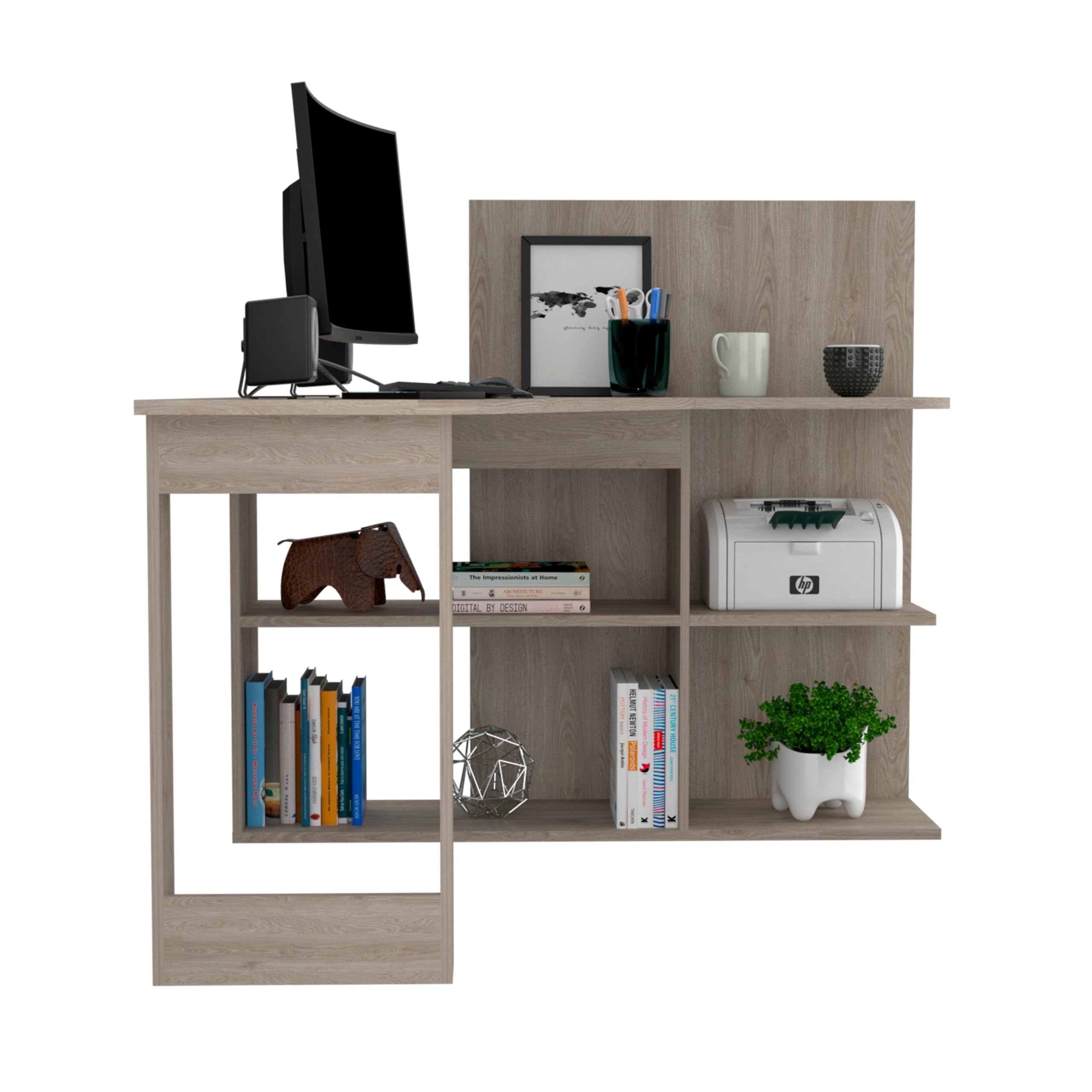 Tuhome Masai Writing Computer Desk with 5 Open Shelves - Light Gray Home Office Desk for Study, Work, and Gaming