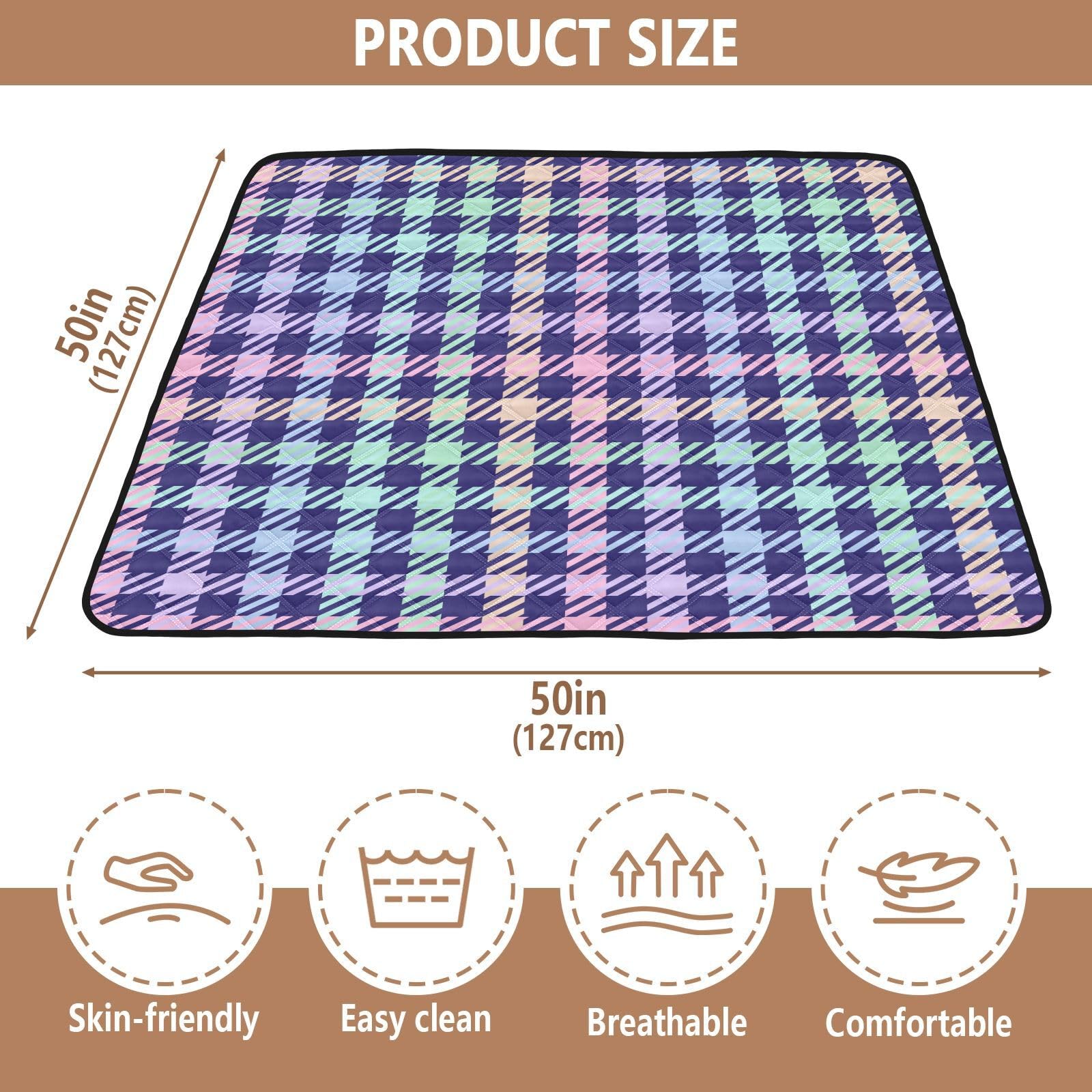 Pastel Rainbow Plaid Navy Baby Playmat - 50'' x 50'' Large Soft Crawling Mat for Infants & Toddlers | Waterproof, Breathable & Non-Slip | Perfect for Nursery, Playroom, Daycare & Outdoor Use