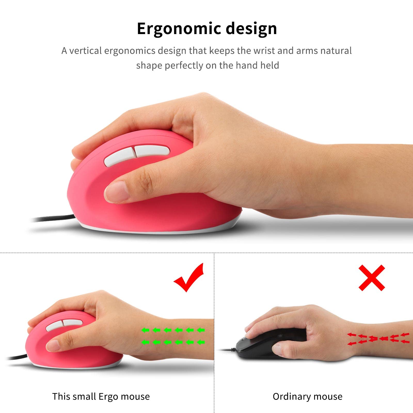 Sokelinn Six Wired Vertical Mouse - Ergonomic Right-Handed Gaming Mouse with 800/1200/1600 DPI Adjustable USB Optical Sensor - Pink Wrist Support Mouse for PC, Laptop, Office & Gaming (Ideal for Long Work Hours & Carpal Tunnel Relief)