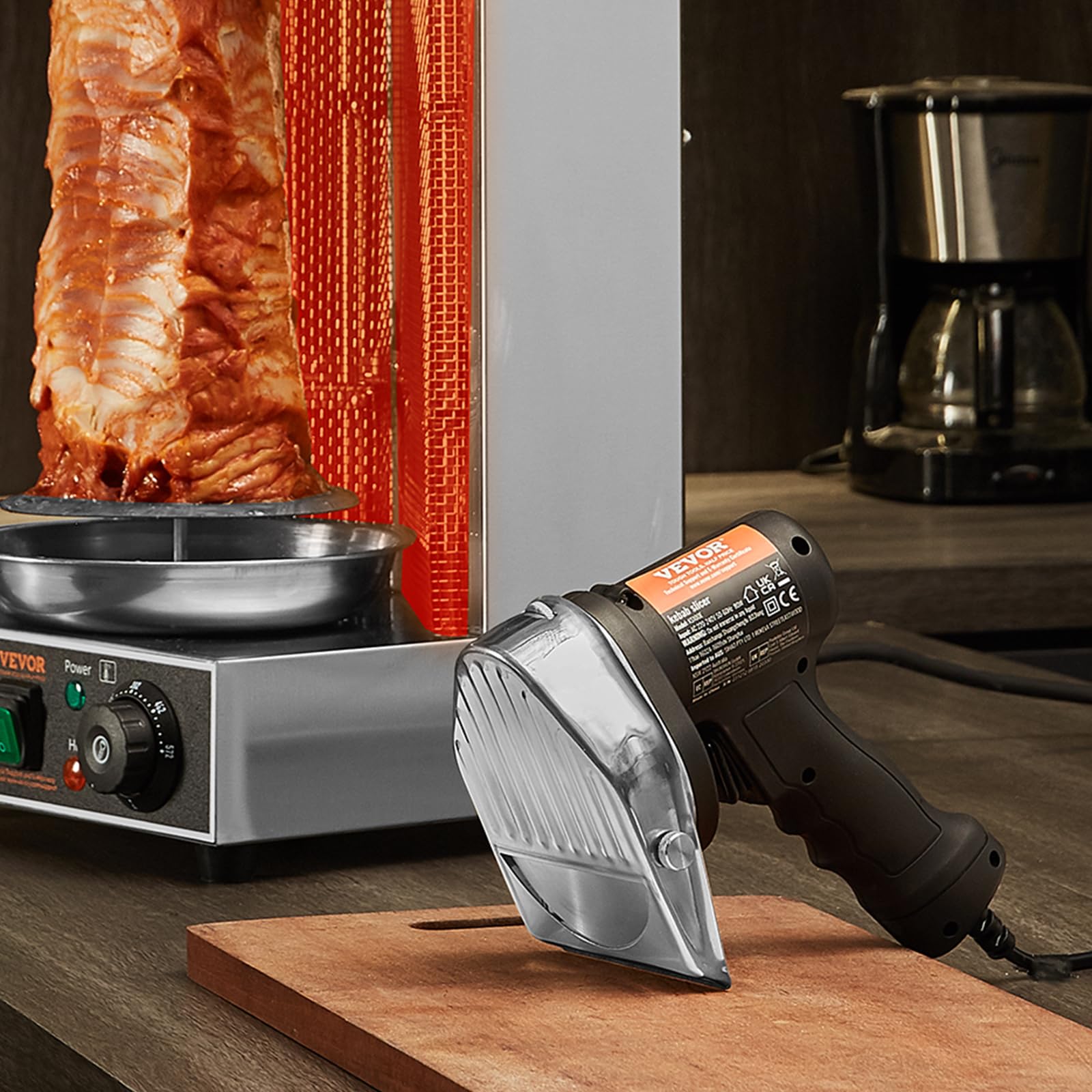 VEVOR 80W Electric Shawarma Knife - Professional Turkish Kebab Slicer with 2 Stainless Steel Blades (Φ100mm) | Adjustable 0-8mm Thickness | Commercial Gyro & Doner Meat Cutter for Restaurants, Food Trucks & Home Kitchens