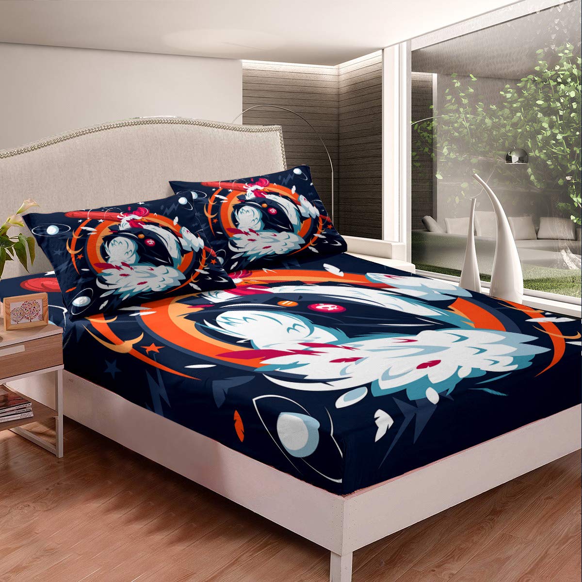 Premium Queen Size Fitted Sheet Set - Soft Luxury 3-Piece Bedding with Deep Pocket (1 Fitted Sheet + 2 Pillowcases) - Colorful Fighting Chicken Navy Blue Design for Kids & Adults - Perfect for Guest Rooms, Dorms, and Cozy Bedroom Decor