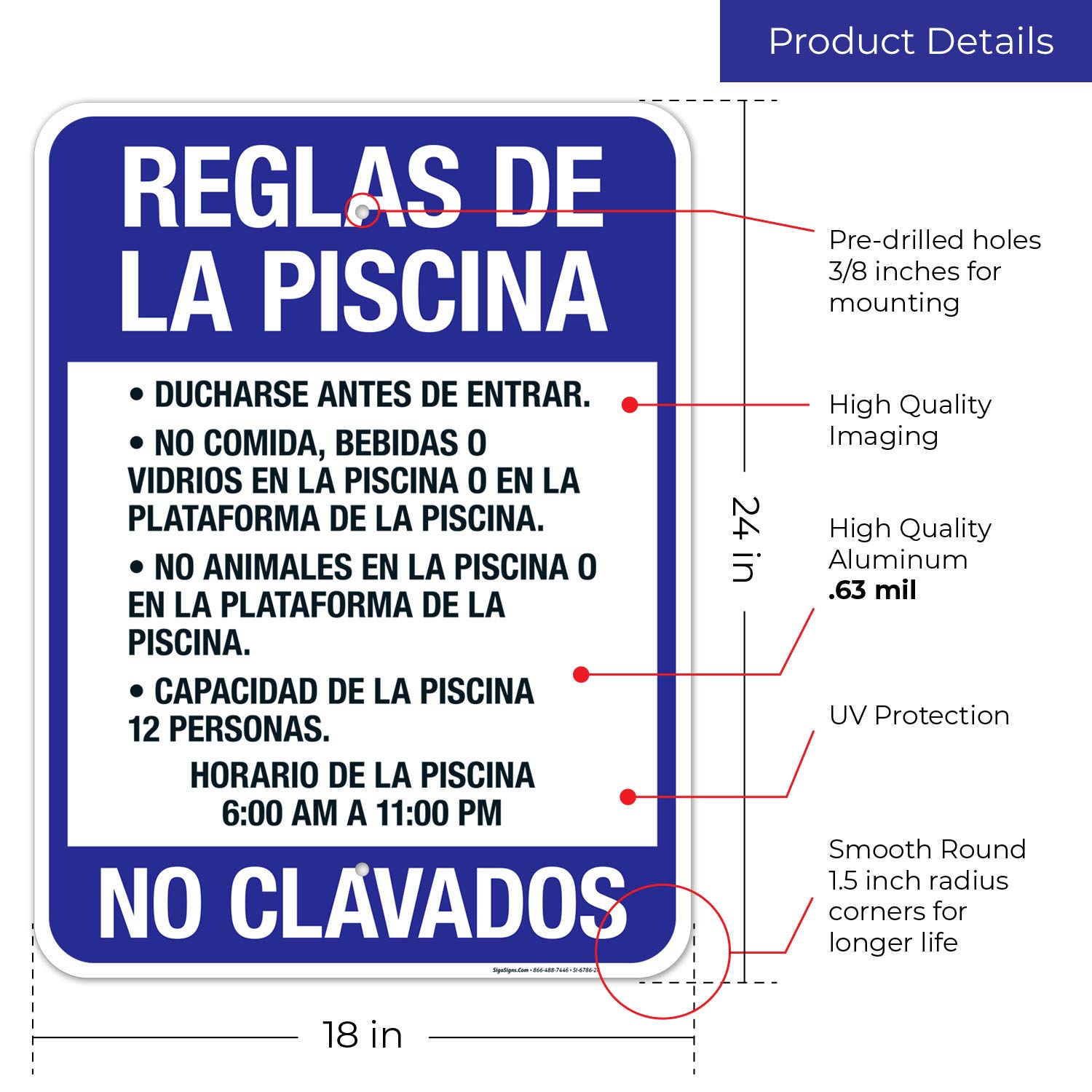 Pool Rules Sign - 18x24 Inches Rust-Free .063 Aluminum, Fade-Resistant for Indoor/Outdoor Use - Made in USA - Perfect for Backyard Pools, Community Centers & Water Parks