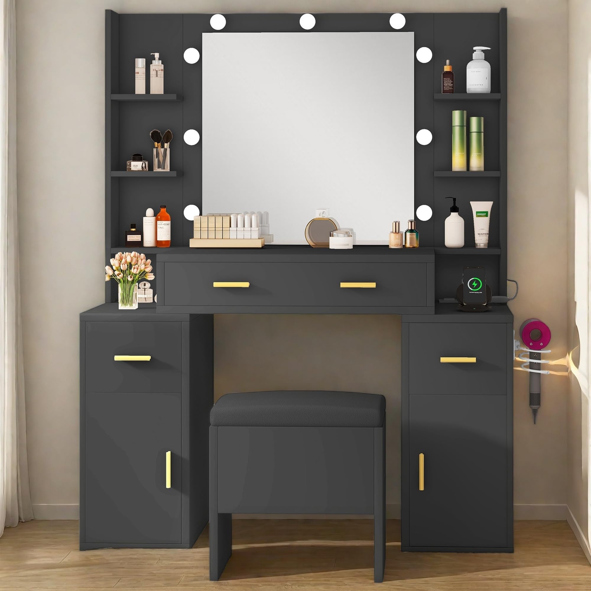 YITAHOME Makeup Vanity Desk with LED Mirror & Lights - Large Dressing Table Set with Charging Station, 3 Drawers, 6 Shelves & 2 Cabinets - Includes Storage Bench & 3 Lighting Modes (Coal Black) - Perfect for Bedroom, Dressing Room & Beauty Salon Organization